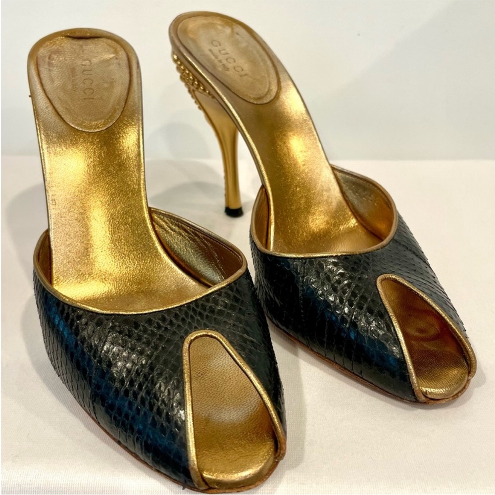 Gucci Rare Tom Ford Runway snakeskin slides, reptilian heel, blk & gold, 7, EUC - Picture 4 of 16